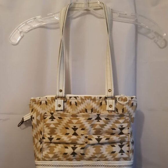 New Southwestern Geometric Vinyl Double handle Satchel Purse Ivory Mustard Brow - Picture 3 of 11